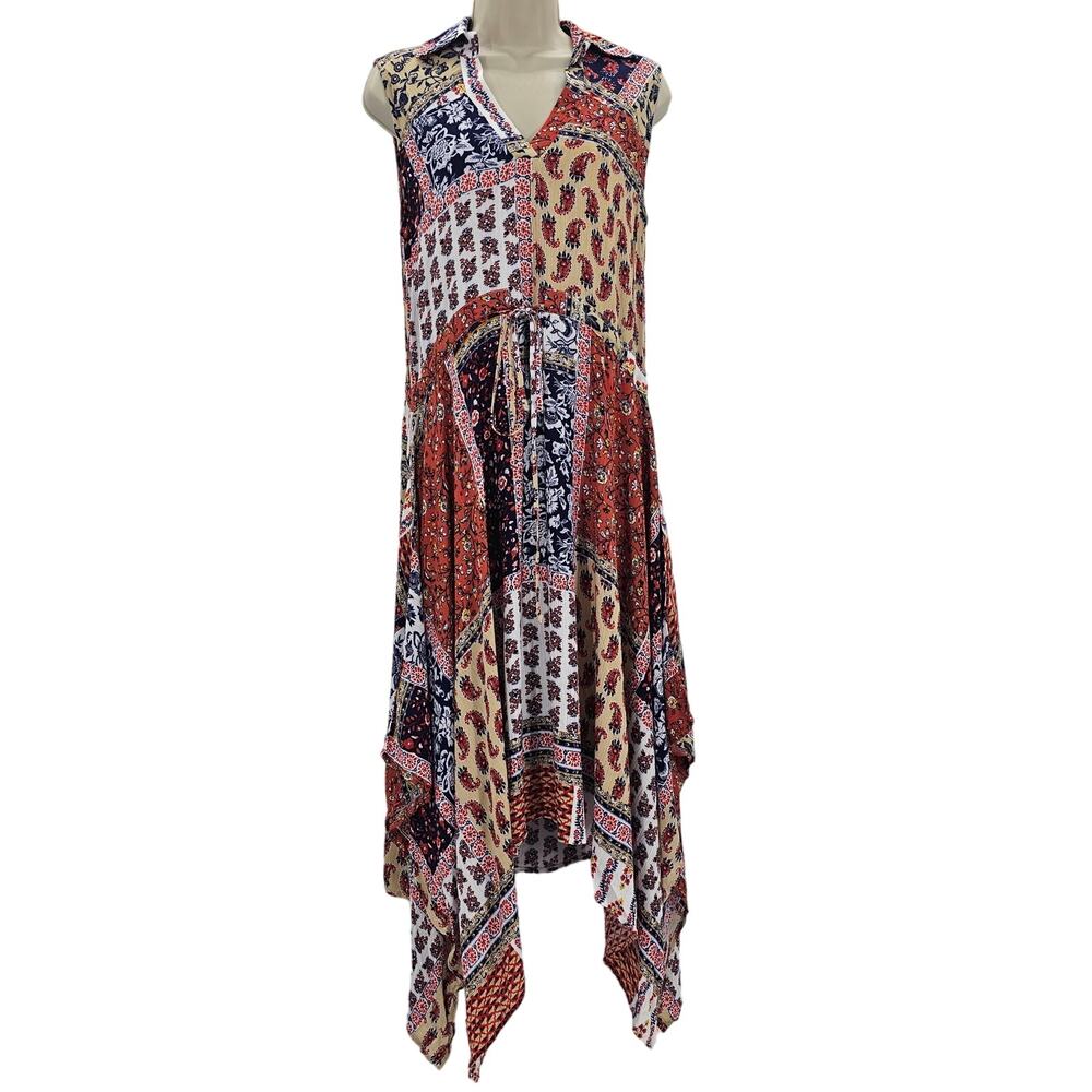 Dina Be Womans size XS Lali Handkerchief Hem Paisley Patchwork Midi Dress Boho